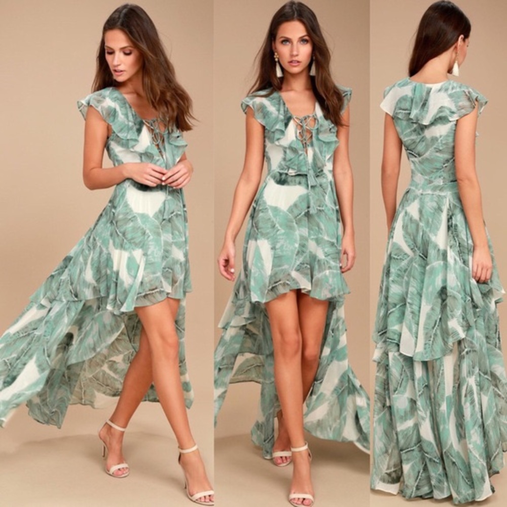 Lulu’s Meant to Be Sage Green Print High-Low Dress